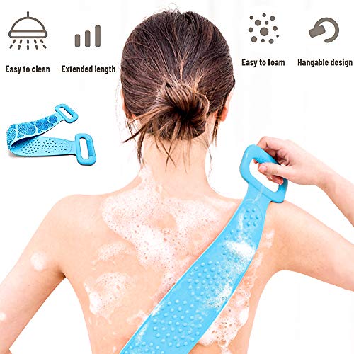 Silicona Cuerpo Cepillo, Exfoliante Posterior de Silicona, 72cm de Doble Cara Baño de Silicona Cepillo Corporal Exfoliante Largo, Suave y Seguro, Masaje Corporal Completo, Fácil de Limpiar (azul)