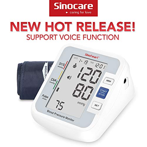 sinoheart Tensiómetro de Brazo Digital,Tensiómetro de Brazo de brazo digital con detección del pulso arrítmico, validado clínicamente, A801 con función de voz,pantalla LCD grande，brazalete(24cm-34cm)