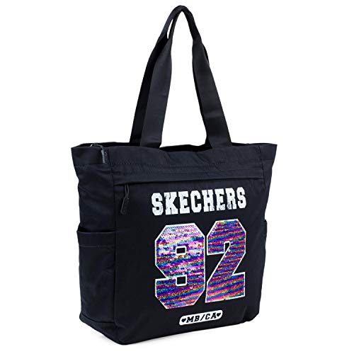 SKECHERS Bolso Tote Mujer Asa Doble Corta y Larga Lona Ligero Práctico Funcional Versátil Múltiples Compartimentos Para Uso Diario S899, Negro, Talla única