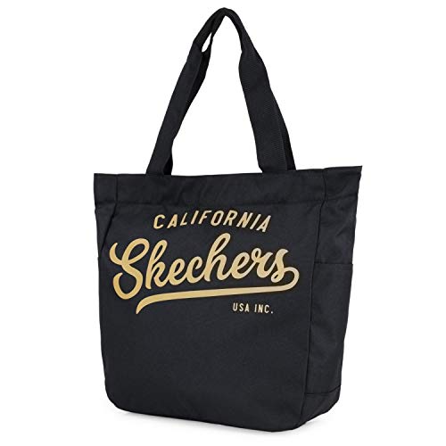 SKECHERS Bolso Tote Mujer Asa Doble Corta y Larga Lona Ligero Práctico Funcional Versátil Múltiples Compartimentos para Uso Diario S906, Negro, Talla única