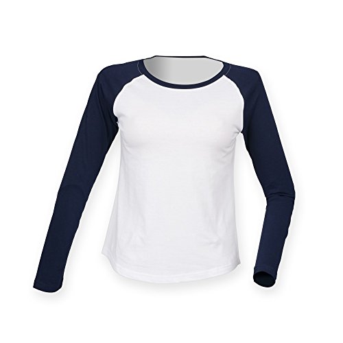 Skinnifit - Camiseta de manga larga estilo béisbol para mujer (Mediana (M)/Marino/Gris)