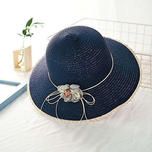 Skyhappy Wide Brim Floppy para Mujer Sombrero de Playa de Paja Sombrero para el Sol Gorra de protección UV Flor de Viaje al Aire Libre Gorras de Visera Plegables Azul   Marino