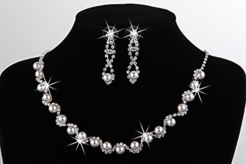 skyllc® Hermosa Boda Baile Nupcial Collar del Rhinestone Cristal imitación Perla y aretes joyería Conjunto