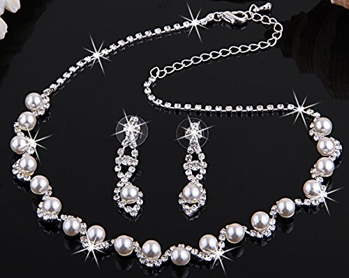 skyllc® Hermosa Boda Baile Nupcial Collar del Rhinestone Cristal imitación Perla y aretes joyería Conjunto