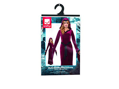 Smiffy's-45115S Disfraz de vampiresa Medieval, Burdeos, con Vestido con Capucha y cinturón, Color Rojo, S-EU Tamaño 36-38 (45115S)