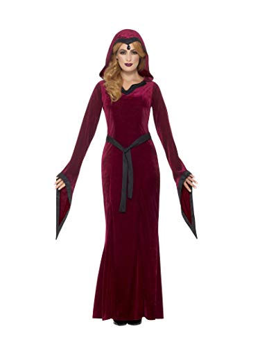 Smiffy's-45115S Disfraz de vampiresa Medieval, Burdeos, con Vestido con Capucha y cinturón, Color Rojo, S-EU Tamaño 36-38 (45115S)