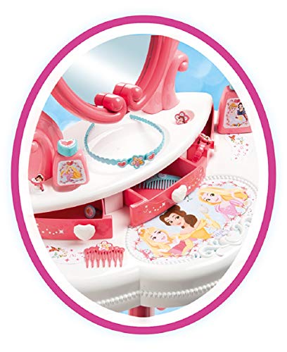 Smoby - 320222 - Disney Princesses - Coiffeuse 2 en 1 + Tabouret - 10 Accessoires Rose/Blanc