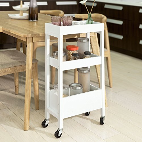 SoBuy FKW49-W,ES Carrito de Cocina, Carrito de Servir- 3 Estantes, 4 Ruedas-Blanco