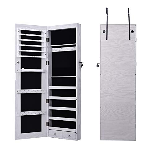 sogesfurniture Espejo Joyero, Armario para Joyas, Montura para Puerta Joyero Pared Espejo con Gabinete con Luces LED, Lacado Blanco y Terciopelo Negro Interior, BHEU-QH-7025