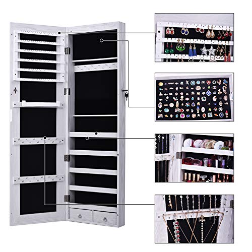 sogesfurniture Espejo Joyero, Armario para Joyas, Montura para Puerta Joyero Pared Espejo con Gabinete con Luces LED, Lacado Blanco y Terciopelo Negro Interior, BHEU-QH-7025