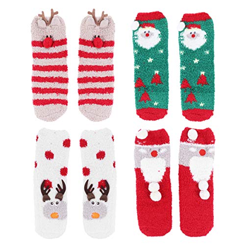 SOIMISS 4 Pares de Calcetines de Invierno Forro Polar de Punto Fuzzy Warm Christmas Slipper Calcetines Medias Esponjosas Santa Reno Elk para Hombres Mujeres Niña Regalo (Colores Surtidos)