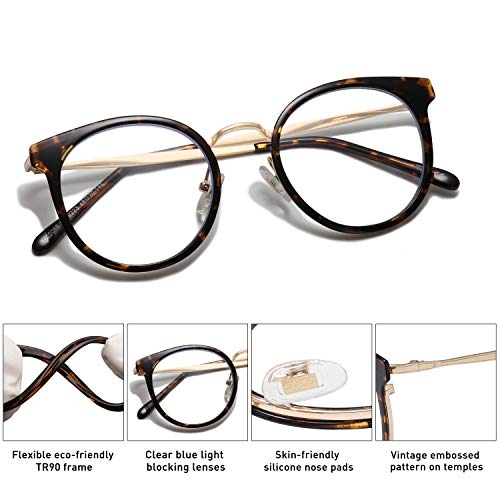 SOJOS Gafas con Filtro de Luz Azul para Computador Lentes Antireflejantes para Mujer Redondo Retro Elegante TR90 SJ5055 con Marco Carey