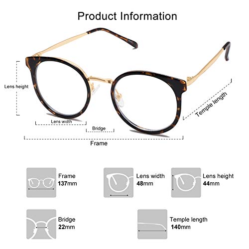 SOJOS Gafas con Filtro de Luz Azul para Computador Lentes Antireflejantes para Mujer Redondo Retro Elegante TR90 SJ5055 con Marco Carey