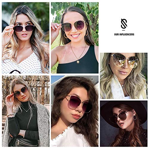 SOJOS Gafas De Sol Redonda Ojo De Gato Retra Plana Mujer Metal SJ1085 Con Marco Dorado/Lente Espejo Rosado