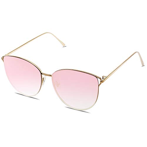 SOJOS Gafas De Sol Redonda Ojo De Gato Retra Plana Mujer Metal SJ1085 Con Marco Dorado/Lente Espejo Rosado