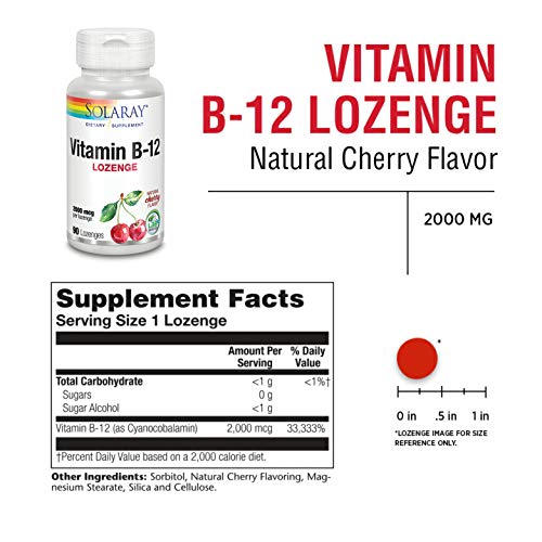 SOLARAY Vitamina B-12 2000mcg | Sabor a cereza natural sin azúcar | Energía saludable y soporte de glóbulos rojos | Sin Gluten | Apto Para Veganos | 90 Lozenges