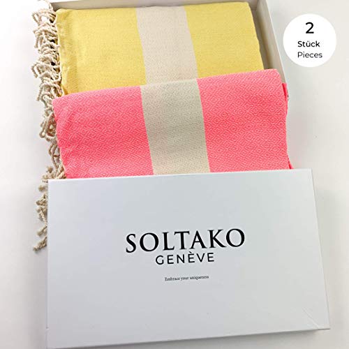 SOLTAKO - Toalla de playa, manos, sauna, baño, baño turco, cobertor para yoga, pestemal, fouta, juego de regalo, extragrande, 100 x 200 cm, 2 unidades, XXL, Color amarillo pastel., 100 x 200 cm