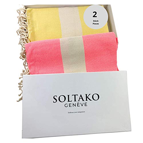 SOLTAKO - Toalla de playa, manos, sauna, baño, baño turco, cobertor para yoga, pestemal, fouta, juego de regalo, extragrande, 100 x 200 cm, 2 unidades, XXL, Color amarillo pastel., 100 x 200 cm