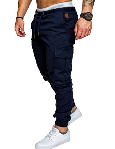 SOMTHRON Pantalones largos de deporte para hombre, de algodón, con cintura elástica y bolsillos azul oscuro M