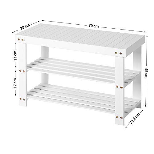 SONGMICS Banco Zapatero de bambú, Estantería para Zapatos con 3 estantes, 70 x 28 x 45 cm Ideal para Entrada, Baño, Sala de Estar, Pasillo, Blanco LBS04B
