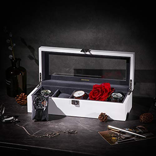 SONGMICS Caja de Relojes con 5 Compartimientos, Estuche de Madera para Relojes, Tapa de Vidrio, Almohadillas Extraíbles, Forro de Terciopelo, Cierre de Metal, Blanco JOW05WT