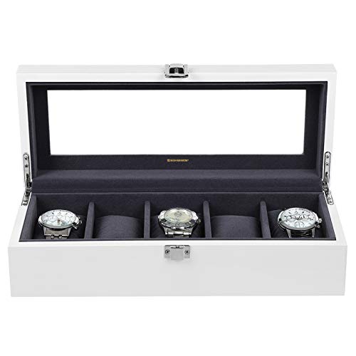 SONGMICS Caja de Relojes con 5 Compartimientos, Estuche de Madera para Relojes, Tapa de Vidrio, Almohadillas Extraíbles, Forro de Terciopelo, Cierre de Metal, Blanco JOW05WT
