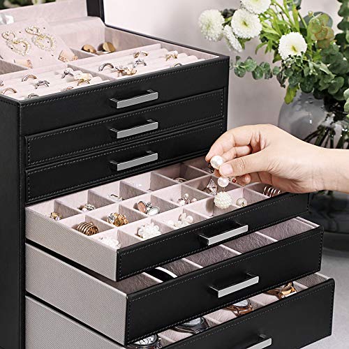 SONGMICS Caja Joyero Grande de 6 Niveles con Espejo, para Pendientes, Collares, Pulseras, Relojes y Gafas, Negro JBC138B
