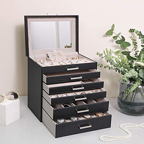 SONGMICS Caja Joyero Grande de 6 Niveles con Espejo, para Pendientes, Collares, Pulseras, Relojes y Gafas, Negro JBC138B
