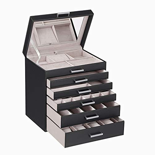 SONGMICS Caja Joyero Grande de 6 Niveles con Espejo, para Pendientes, Collares, Pulseras, Relojes y Gafas, Negro JBC138B