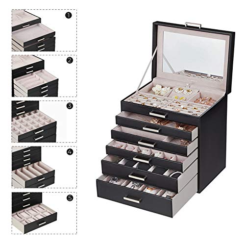 SONGMICS Caja Joyero Grande de 6 Niveles con Espejo, para Pendientes, Collares, Pulseras, Relojes y Gafas, Negro JBC138B