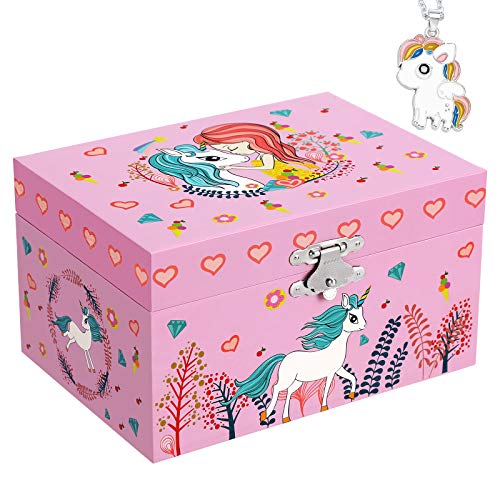 SONGMICS Caja Joyero Musical para Niños, Caja de Música, con Bailarina, Compartimento Espacioso, Espejo, Melodía del Unicornio, Idea de Regalo, Rosa JMC020PK