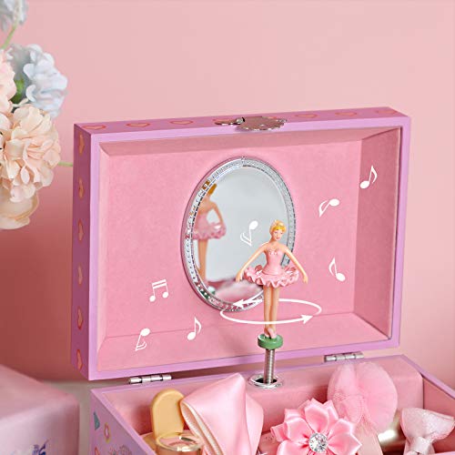SONGMICS Caja Joyero Musical para Niños, Caja de Música, con Bailarina, Compartimento Espacioso, Espejo, Melodía del Unicornio, Idea de Regalo, Rosa JMC020PK