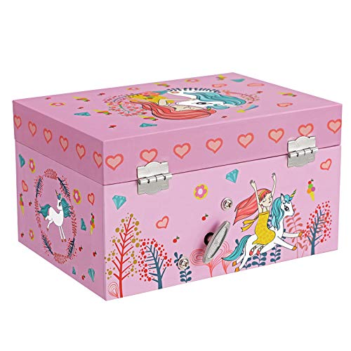 SONGMICS Caja Joyero Musical para Niños, Caja de Música, con Bailarina, Compartimento Espacioso, Espejo, Melodía del Unicornio, Idea de Regalo, Rosa JMC020PK