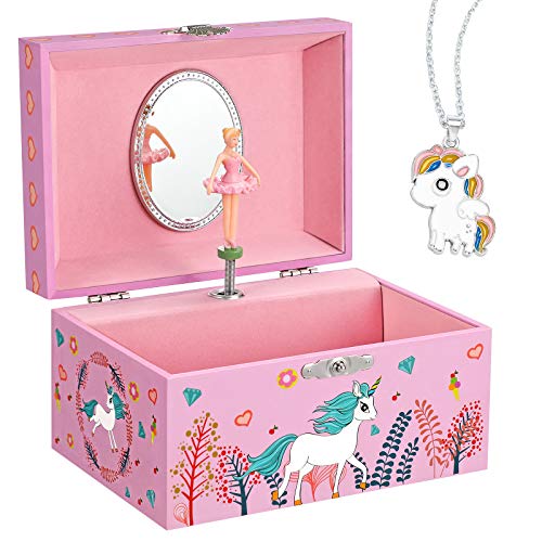 SONGMICS Caja Joyero Musical para Niños, Caja de Música, con Bailarina, Compartimento Espacioso, Espejo, Melodía del Unicornio, Idea de Regalo, Rosa JMC020PK