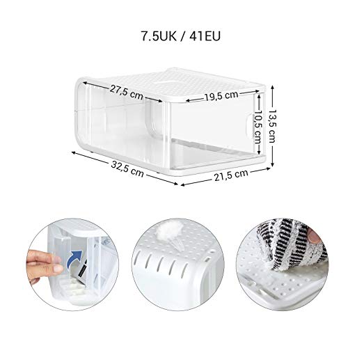 SONGMICS Cajas de Plástico para Zapatos, Paquete de 8, Organizador de Almacenamiento de Zapatos Apilable con Puerta Frontal, Tamaños hasta 41, 21,5 x 32,5 x 13,5 cm, Transparente LSP08TP