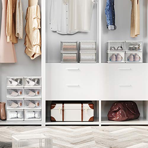 SONGMICS Cajas de Plástico para Zapatos, Paquete de 8, Organizador de Almacenamiento de Zapatos Apilable con Puerta Frontal, Tamaños hasta 41, 21,5 x 32,5 x 13,5 cm, Transparente LSP08TP