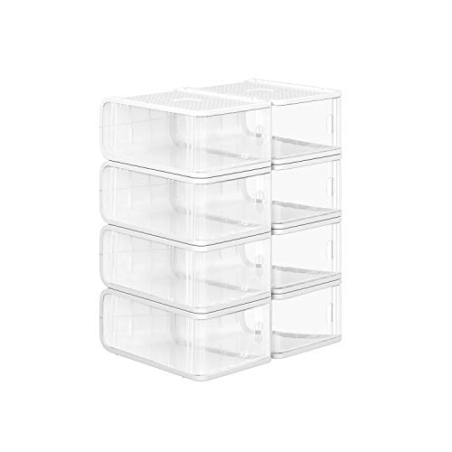 SONGMICS Cajas de Plástico para Zapatos, Paquete de 8, Organizador de Almacenamiento de Zapatos Apilable con Puerta Frontal, Tamaños hasta 41, 21,5 x 32,5 x 13,5 cm, Transparente LSP08TP