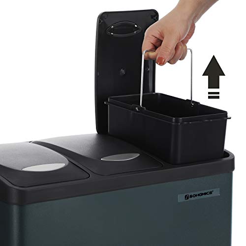 SONGMICS Cubo de Basura, Basurero con Pedal 3 en 1, 24 Litros, Sistema de Separación de Residuos para la Cocina, Duradero, Fácil de limpiar, Acero, Gris Ahumado LTB24GS