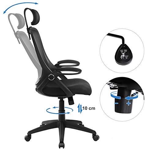 SONGMICS OBN51BK - Silla de Oficina giratoria, Silla de Escritorio ergonómica, Apoyabrazos Plegables, Reposacabezas Ajustable, Mecanismo de inclinación, Tejido de Malla Transpirable, Negro