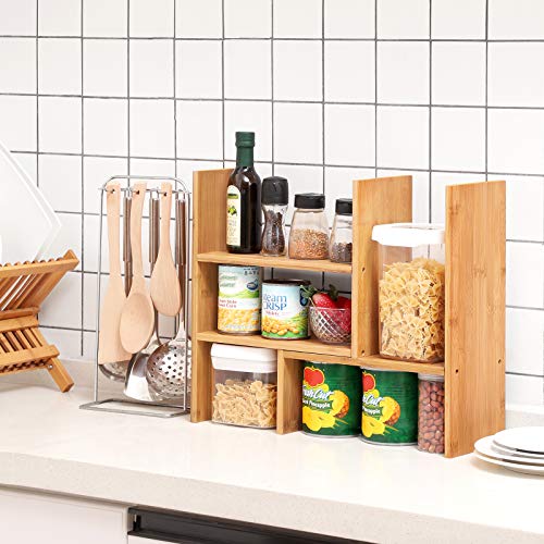 SONGMICS Organizador de Escritorio, Estantería de Sobremesa, Montaje Bricolaje, Ahorro de Espacio, Librería Pequeña, Ajustable en 3 Posiciones, para Oficina, Dormitorio, Cocina, Bambú Natural OFS45NL