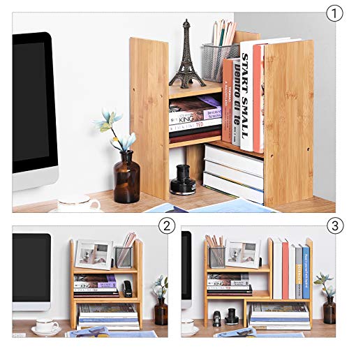 SONGMICS Organizador de Escritorio, Estantería de Sobremesa, Montaje Bricolaje, Ahorro de Espacio, Librería Pequeña, Ajustable en 3 Posiciones, para Oficina, Dormitorio, Cocina, Bambú Natural OFS45NL