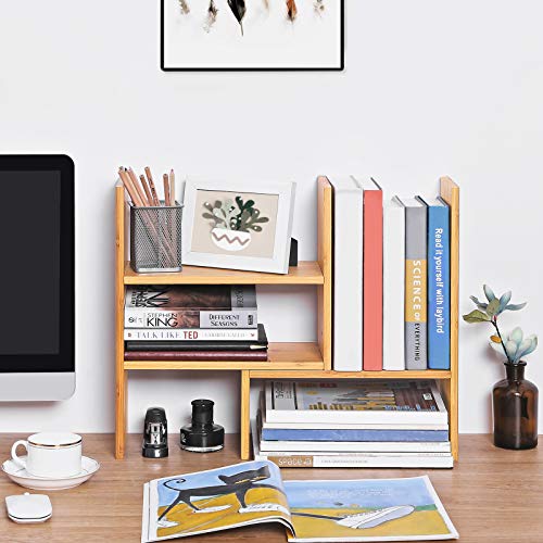 SONGMICS Organizador de Escritorio, Estantería de Sobremesa, Montaje Bricolaje, Ahorro de Espacio, Librería Pequeña, Ajustable en 3 Posiciones, para Oficina, Dormitorio, Cocina, Bambú Natural OFS45NL