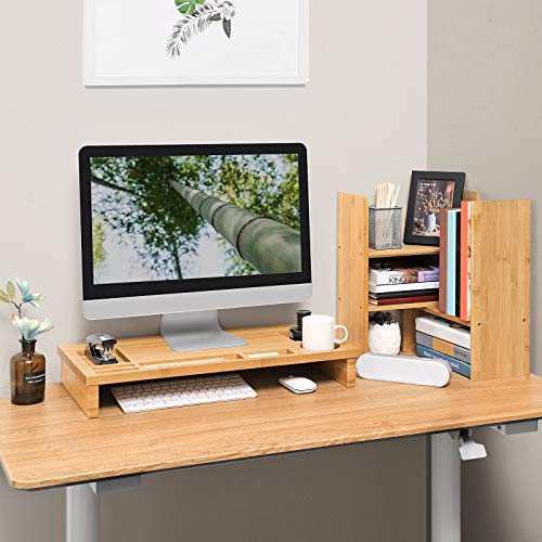 SONGMICS Organizador de Escritorio, Estantería de Sobremesa, Montaje Bricolaje, Ahorro de Espacio, Librería Pequeña, Ajustable en 3 Posiciones, para Oficina, Dormitorio, Cocina, Bambú Natural OFS45NL