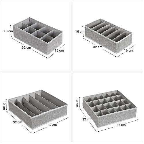 SONGMICS Organizador para Cajones con Compartimentos, Caja de Almacenaje Plegable, Organizador de Armario para Ropa Interior, Calcetines, Set de 4 Piezas, Gris Oscuro, RYUS04W