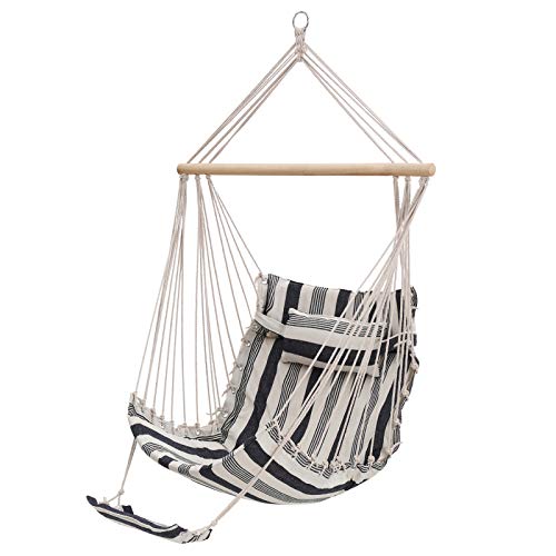 SONGMICS Silla Hamaca Colgante con Almohada y Reposapiés, Silla Giratoria Acolchada XL, 70 x 120 cm, Capacidad de Carga 200 Kg, Interior y Exterior, Rayas Azules y Blancas GDC46WQ