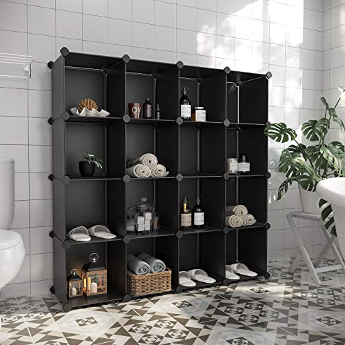 SONGMICS Unidad de Almacenamiento de 16 Cubos, Zapatero, Sistema de Estanterías Bricolaje, Cubos Apilables, Estantería de Plástico PP, Divisor, para Dormitorio, Oficina, Negro LPC44BK