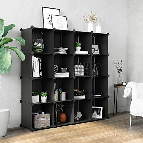 SONGMICS Unidad de Almacenamiento de 16 Cubos, Zapatero, Sistema de Estanterías Bricolaje, Cubos Apilables, Estantería de Plástico PP, Divisor, para Dormitorio, Oficina, Negro LPC44BK