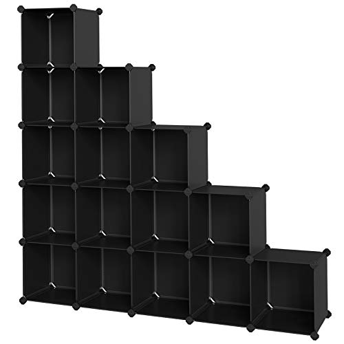 SONGMICS Unidad de Almacenamiento de 16 Cubos, Zapatero, Sistema de Estanterías Bricolaje, Cubos Apilables, Estantería de Plástico PP, Divisor, para Dormitorio, Oficina, Negro LPC44BK