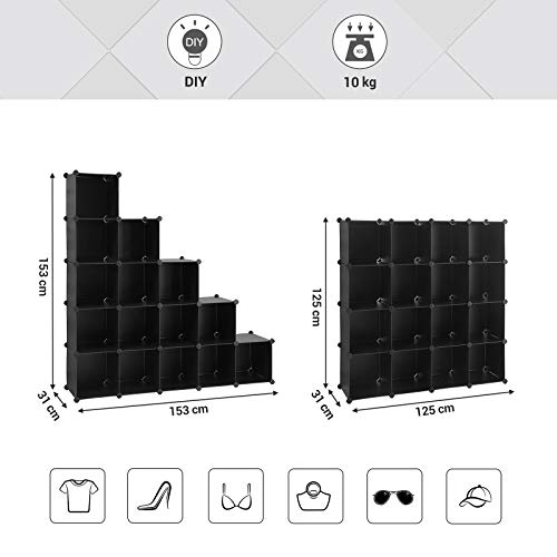 SONGMICS Unidad de Almacenamiento de 16 Cubos, Zapatero, Sistema de Estanterías Bricolaje, Cubos Apilables, Estantería de Plástico PP, Divisor, para Dormitorio, Oficina, Negro LPC44BK