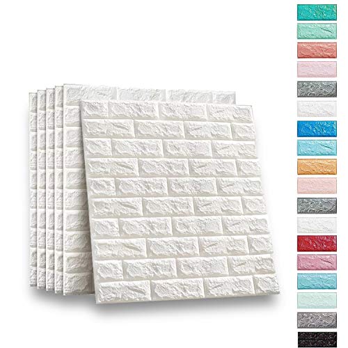 Soontrans Papel Pintado de Pared 3D Ladrillo Empapelado Pegatina Mural Autoadhesivo Decorativos Extraíble Impermeable para Hogar Cocina Salón Moderna TV Decor (77 cm x 70 cm)(5ps, Blanco)